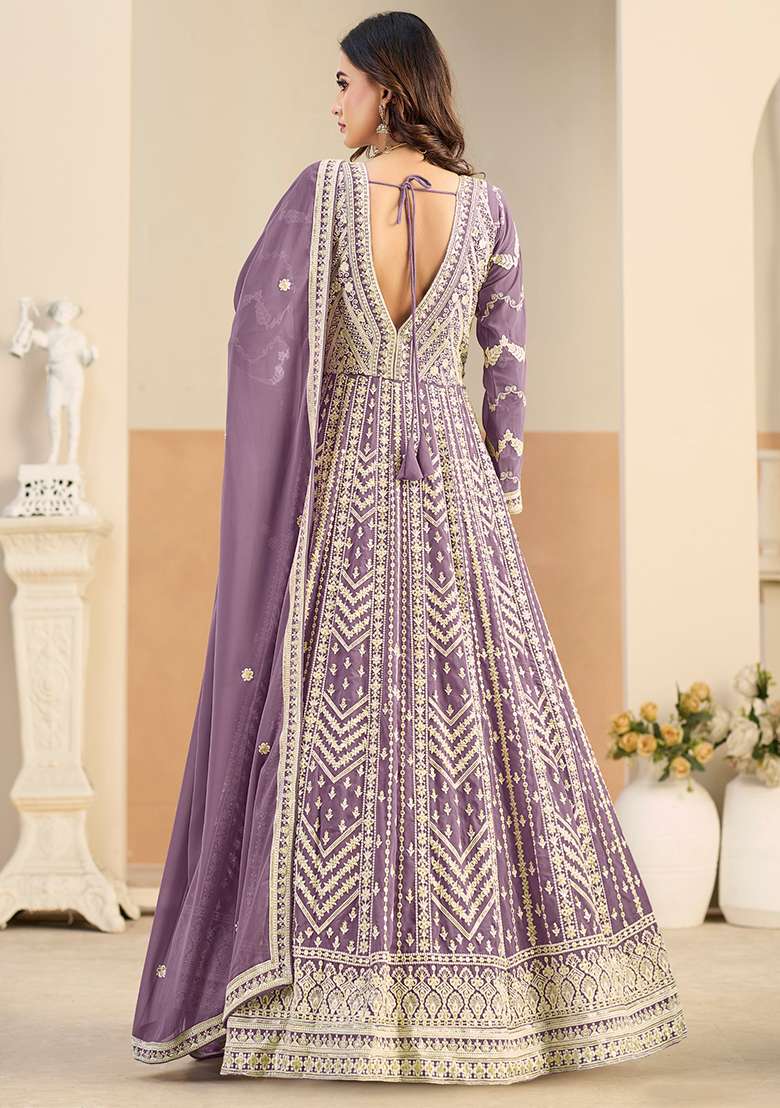 Purple Embroidered Georgette Anarkali Set - Indya