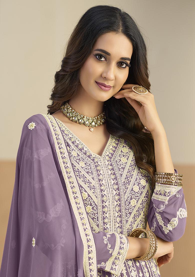 Purple Embroidered Georgette Anarkali Set - Indya