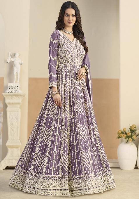 Purple Embroidered Georgette Anarkali Set
