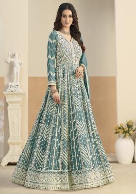 Light Blue Embroidered Georgette Anarkali Set