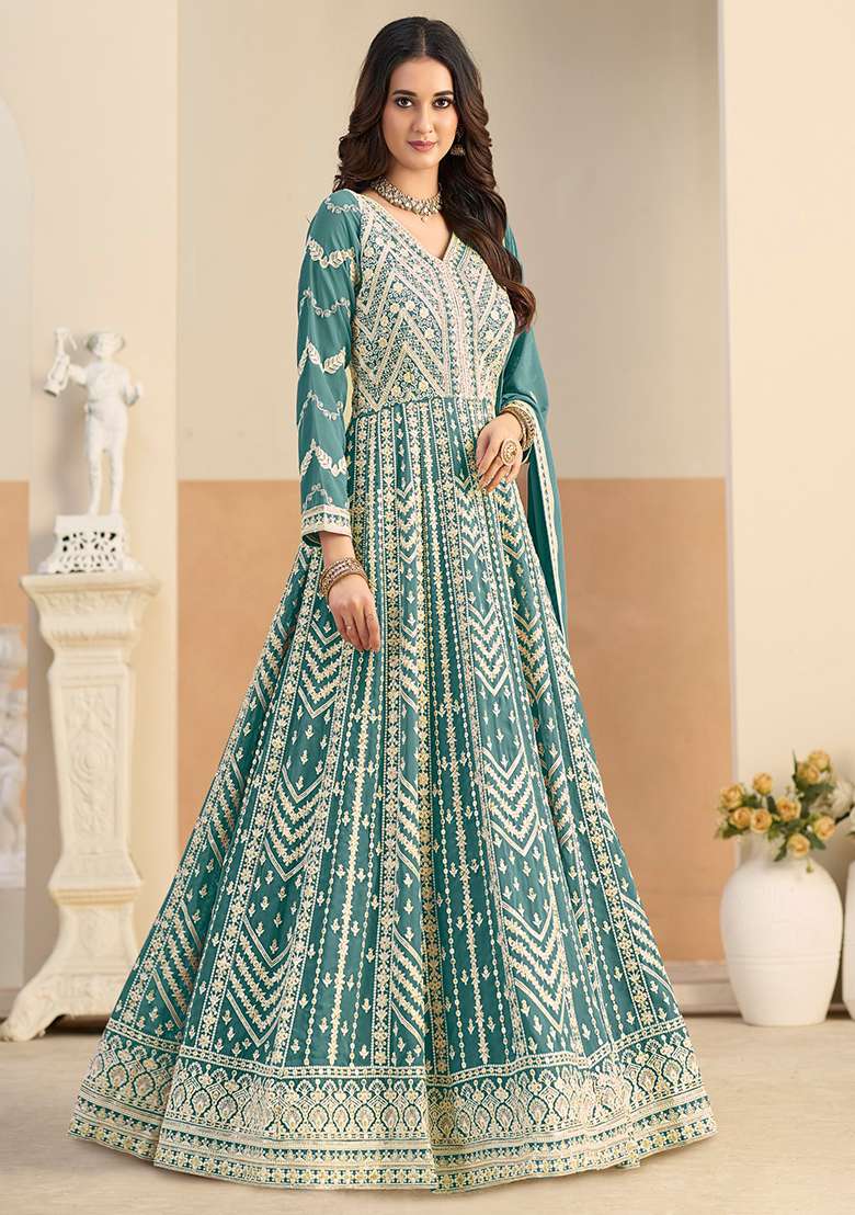 Light Blue Embroidered Georgette Anarkali Set - Indya