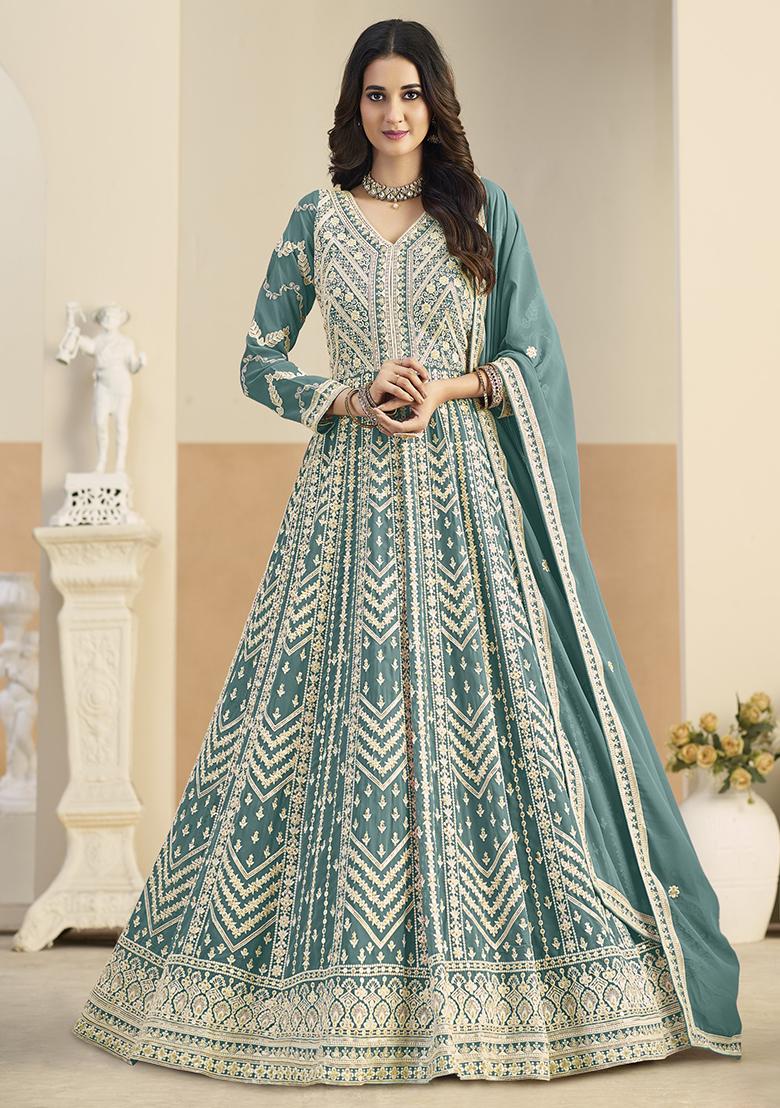 Light Blue Embroidered Georgette Anarkali Set - Indya