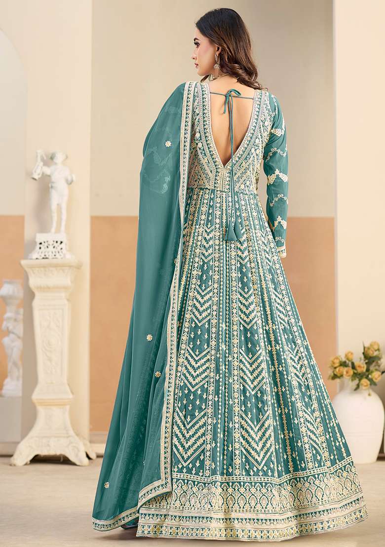 Light Blue Embroidered Georgette Anarkali Set - Indya