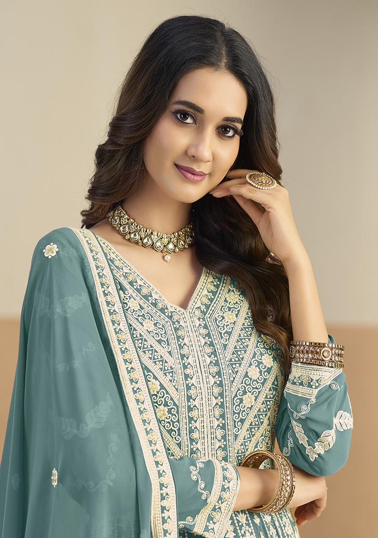 Light Blue Embroidered Georgette Anarkali Set - Indya