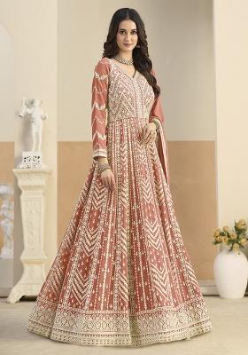 Light Orange Embroidered Georgette Anarkali Set