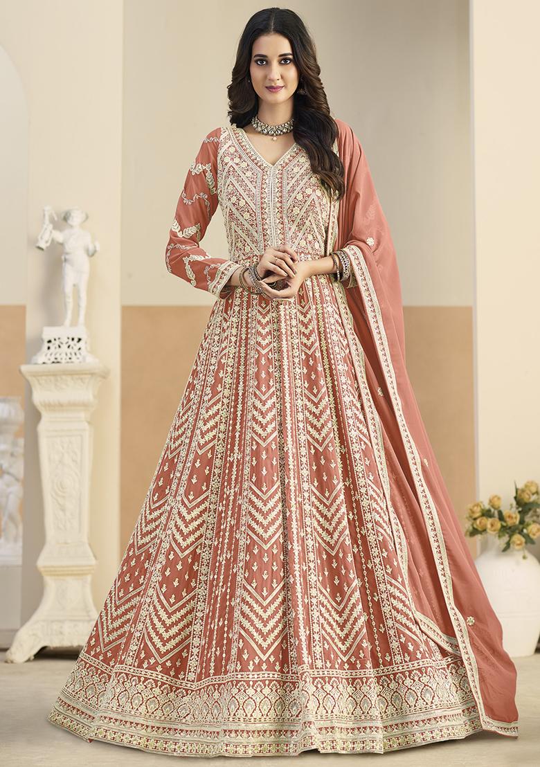 Light Orange Embroidered Georgette Anarkali Set - Indya