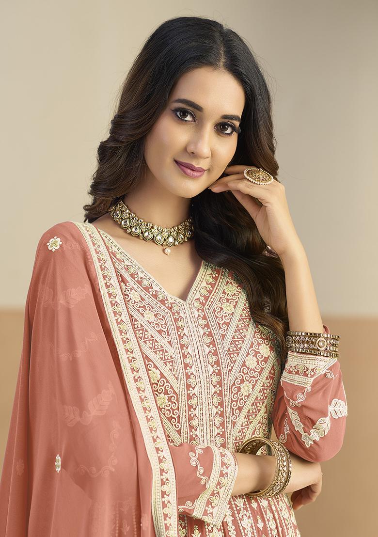 Light Orange Embroidered Georgette Anarkali Set - Indya