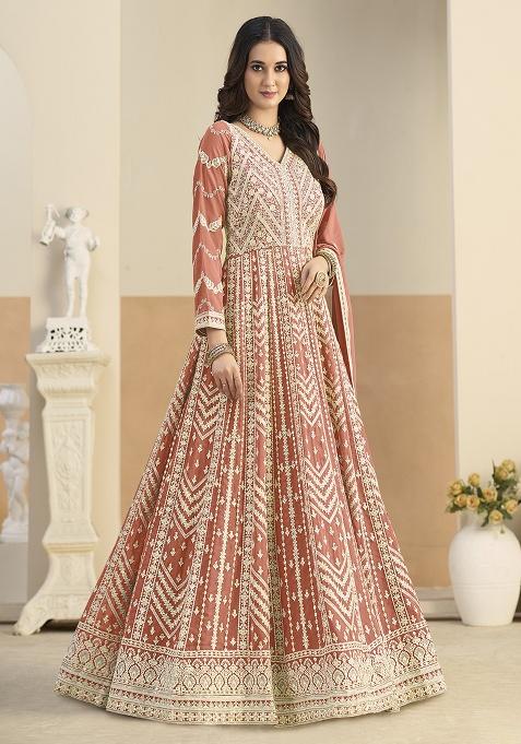 Light Orange Embroidered Georgette Anarkali Set