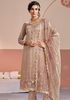 Peach Embroidered Silk Straight Kurta Set