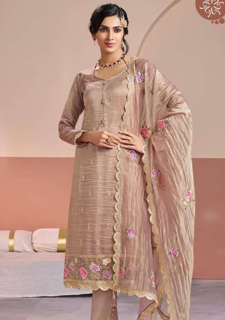 Peach Embroidered Silk Blend Straight Kurta Set - Indya