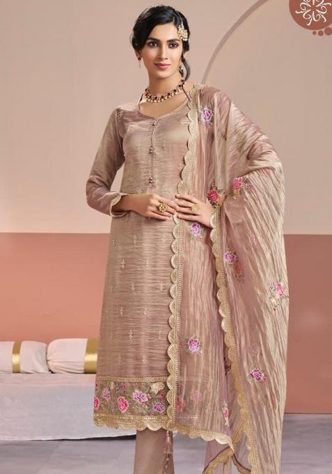 Peach Embroidered Silk Straight Kurta Set