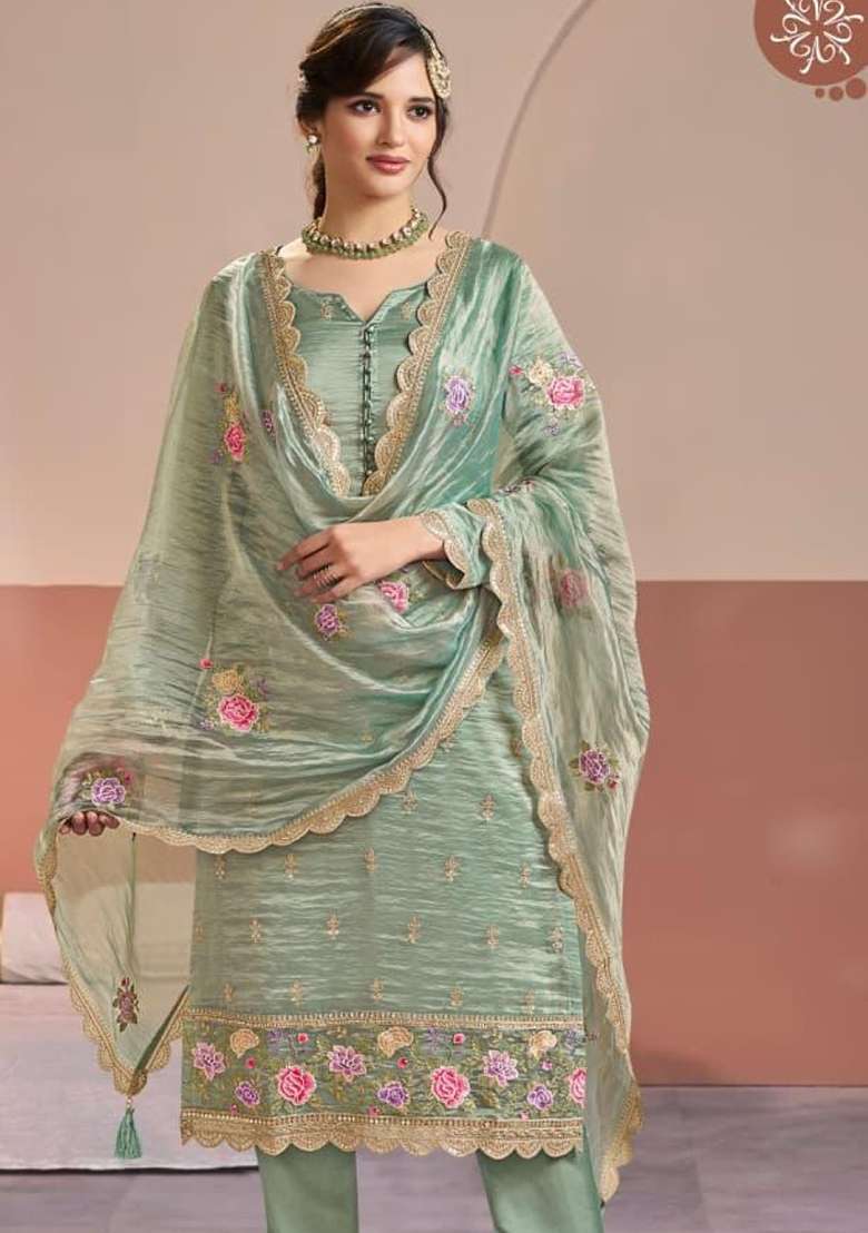 Sea Green Embroidered Silk Blend Pakistani Suit Set - Indya