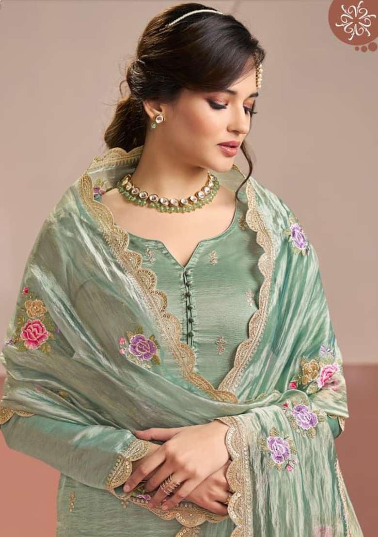 Sea Green Embroidered Silk Blend Pakistani Suit Set - Indya