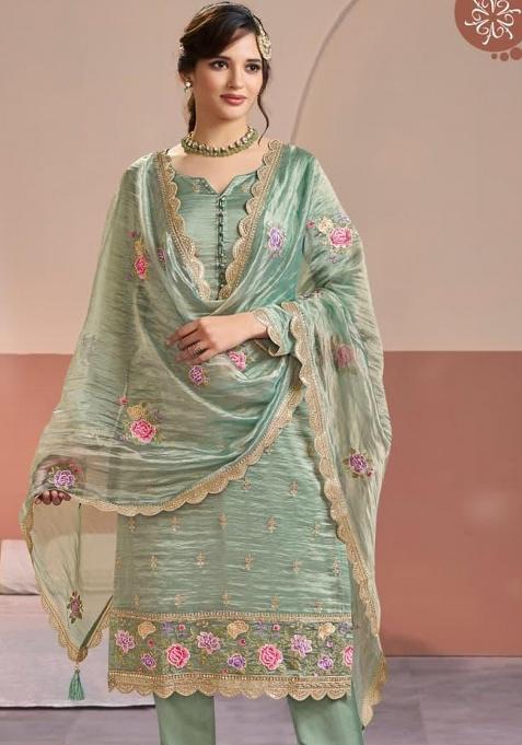 Sea Green Embroidered Silk Pakistani Suit Set