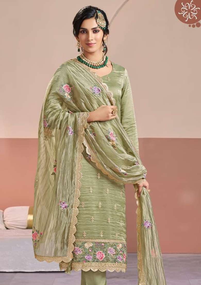 Olive Embroidered Silk Blend Pakistani Suit Set - Indya