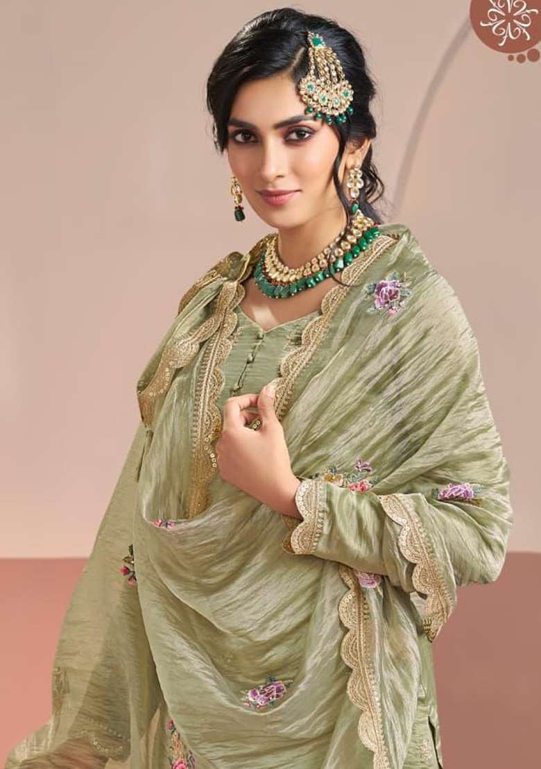 Olive Embroidered Silk Blend Pakistani Suit Set - Indya