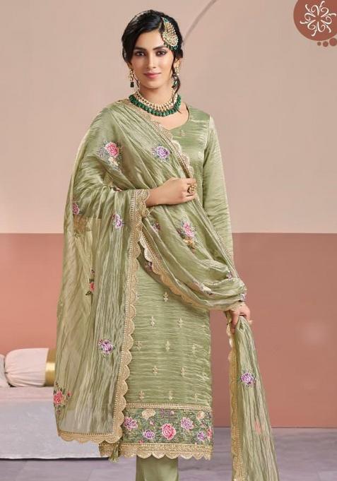 Olive Embroidered Silk Pakistani Suit Set