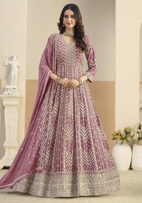 Peach Embroidered Georgette Anarkali Set