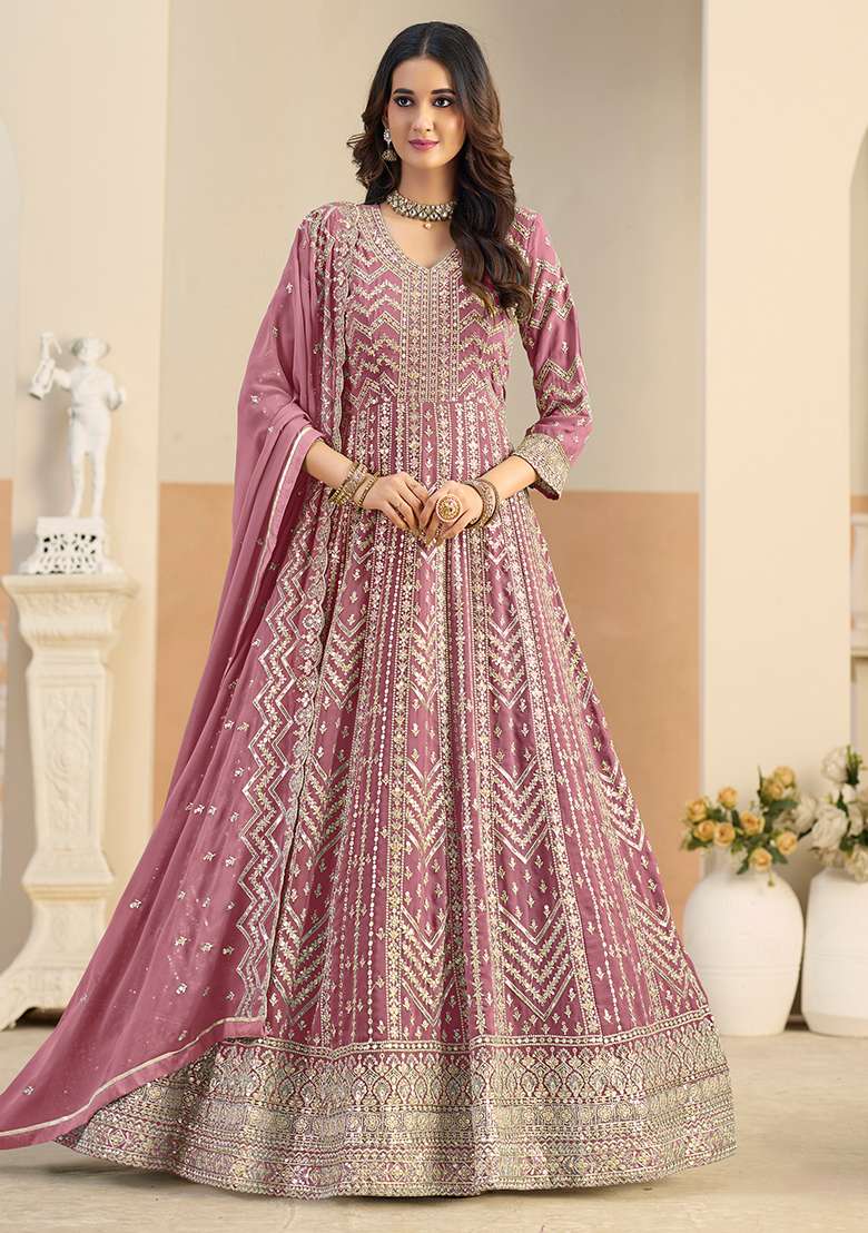 Peach Embroidered Georgette Anarkali Set - Indya