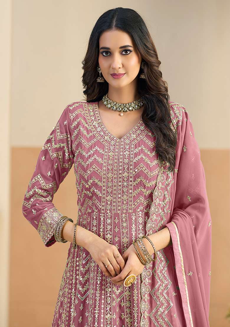 Peach Embroidered Georgette Anarkali Set - Indya