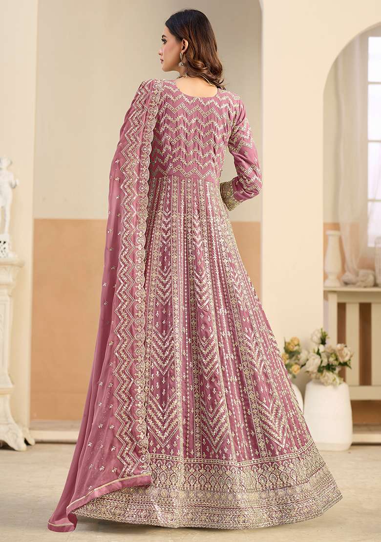 Peach Embroidered Georgette Anarkali Set - Indya