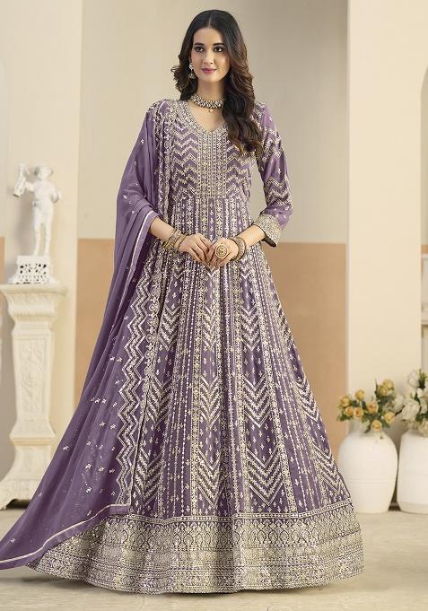 Lavender Embroidered Georgette Anarkali Set