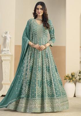Turquoise Embroidered Georgette Anarkali Set
