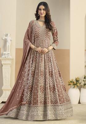 Brown Embroidered Georgette Anarkali Set