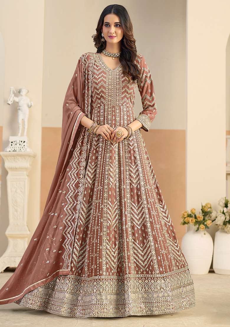 Brown Embroidered Georgette Anarkali Set - Indya