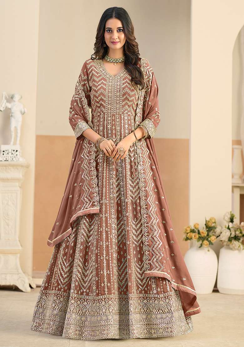 Brown Embroidered Georgette Anarkali Set - Indya