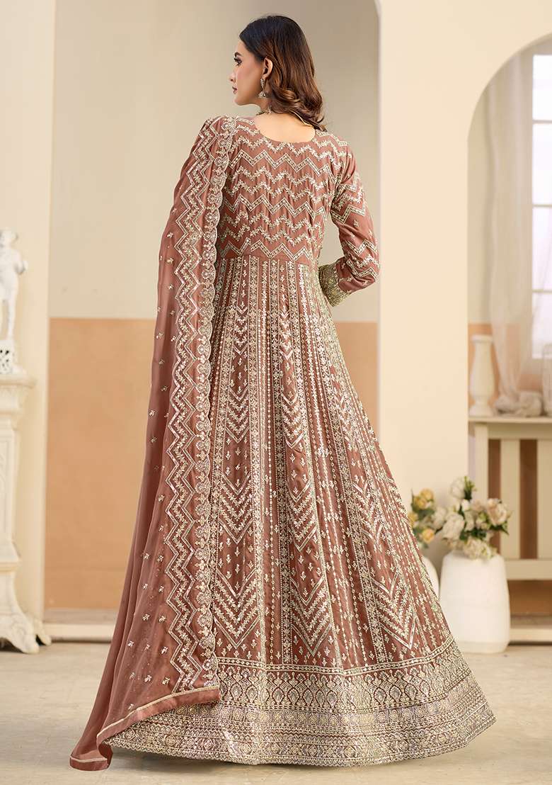 Brown Embroidered Georgette Anarkali Set - Indya