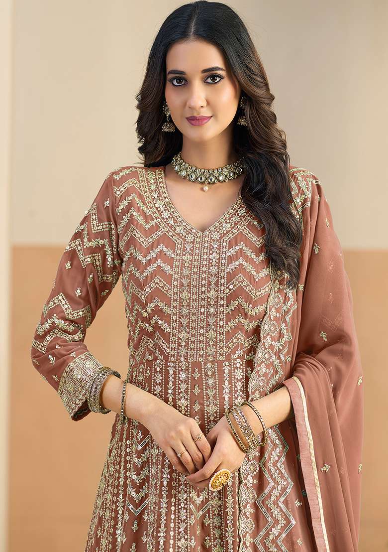 Brown Embroidered Georgette Anarkali Set - Indya