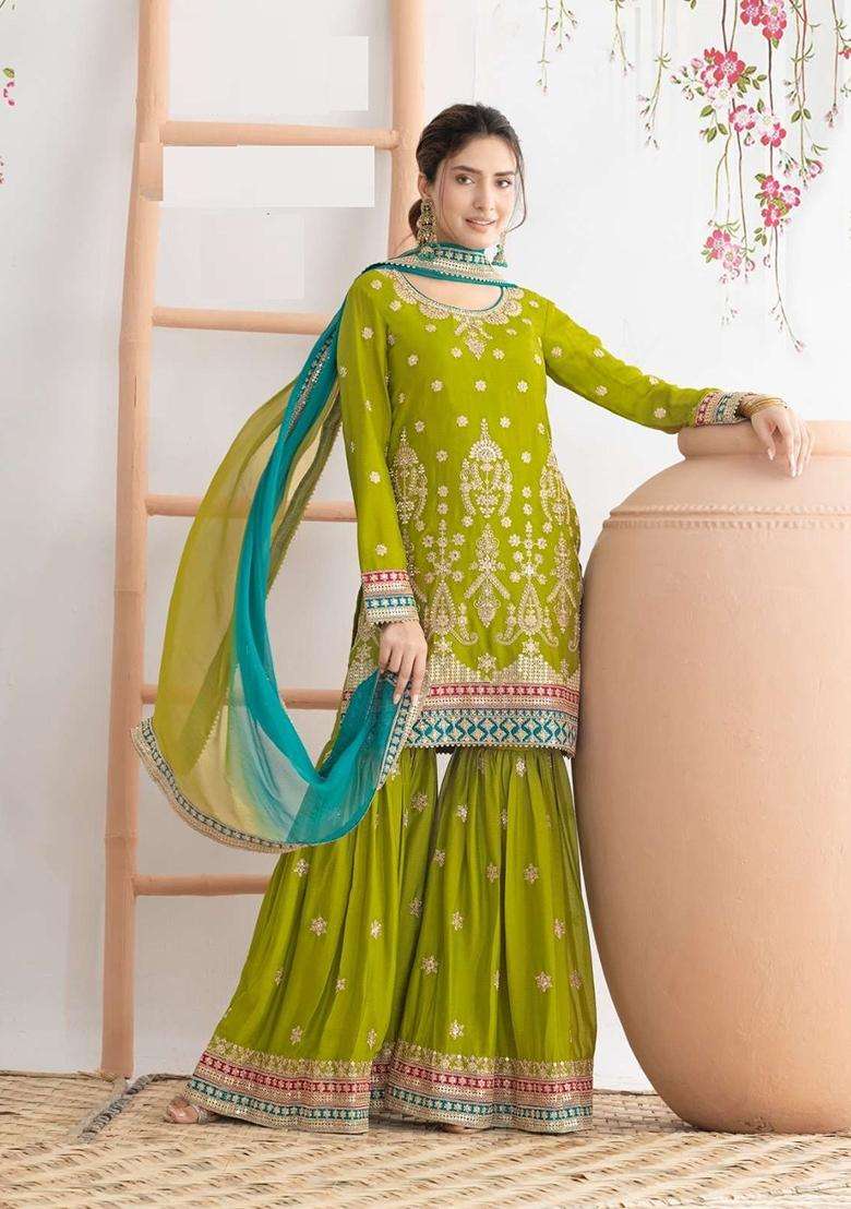 Yellow Embroidered Chinon Sharara Set - Indya
