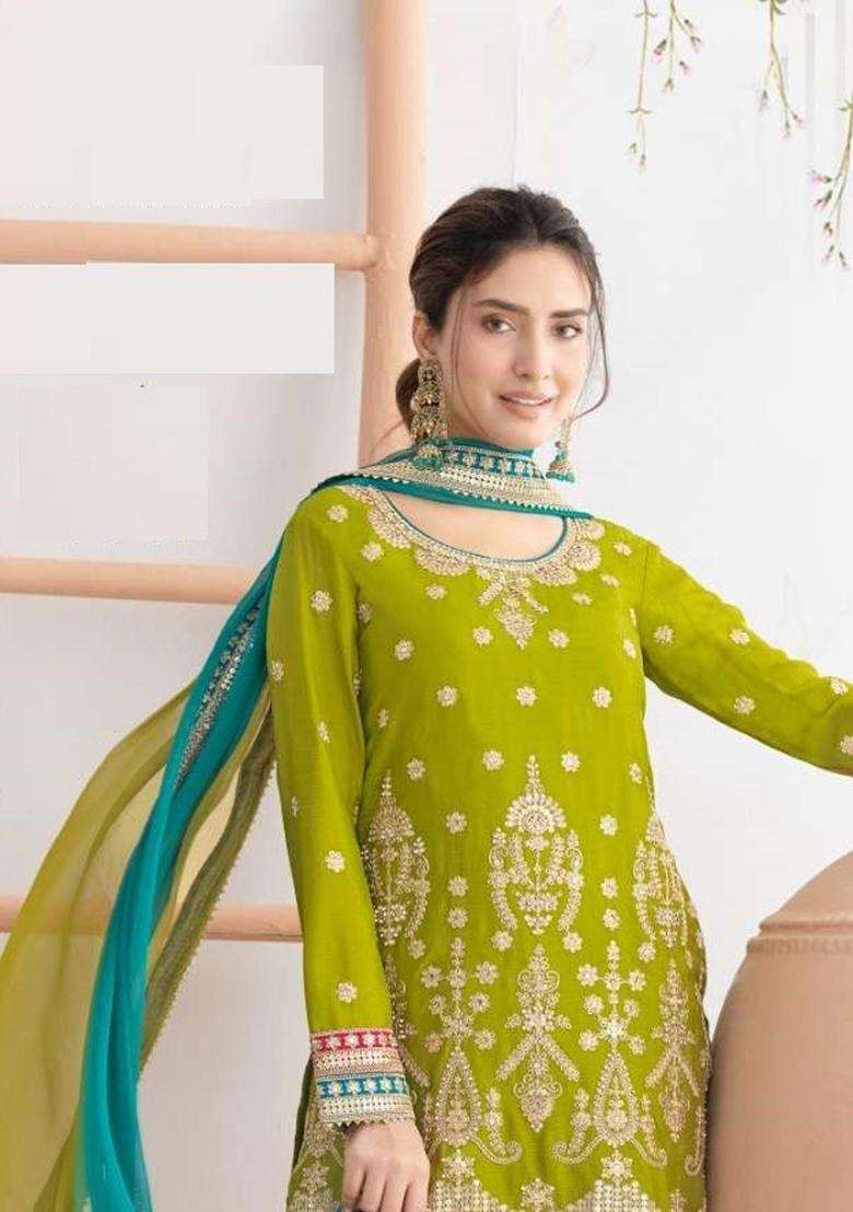 Yellow Embroidered Chinon Sharara Set - Indya