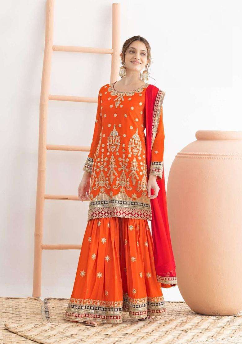 Orange Embroidered Chinon Sharara Set - Indya