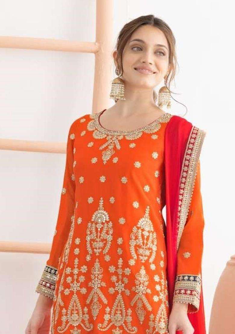 Orange Embroidered Chinon Sharara Set - Indya