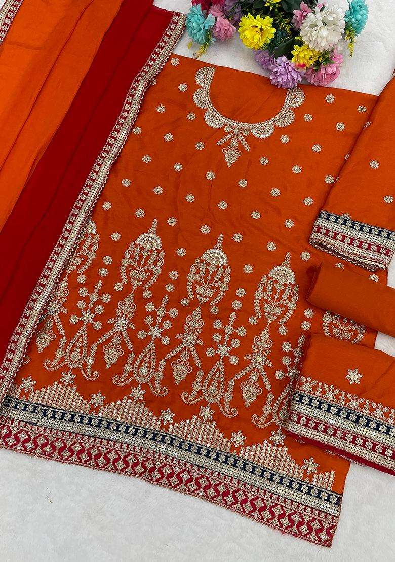 Orange Embroidered Chinon Sharara Set - Indya