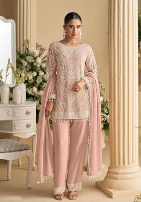 Pink Zari Work Georgette Kurta Set