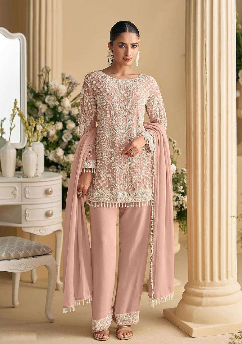 Pink Embroidered Georgette Pakistani Suit Set - Indya