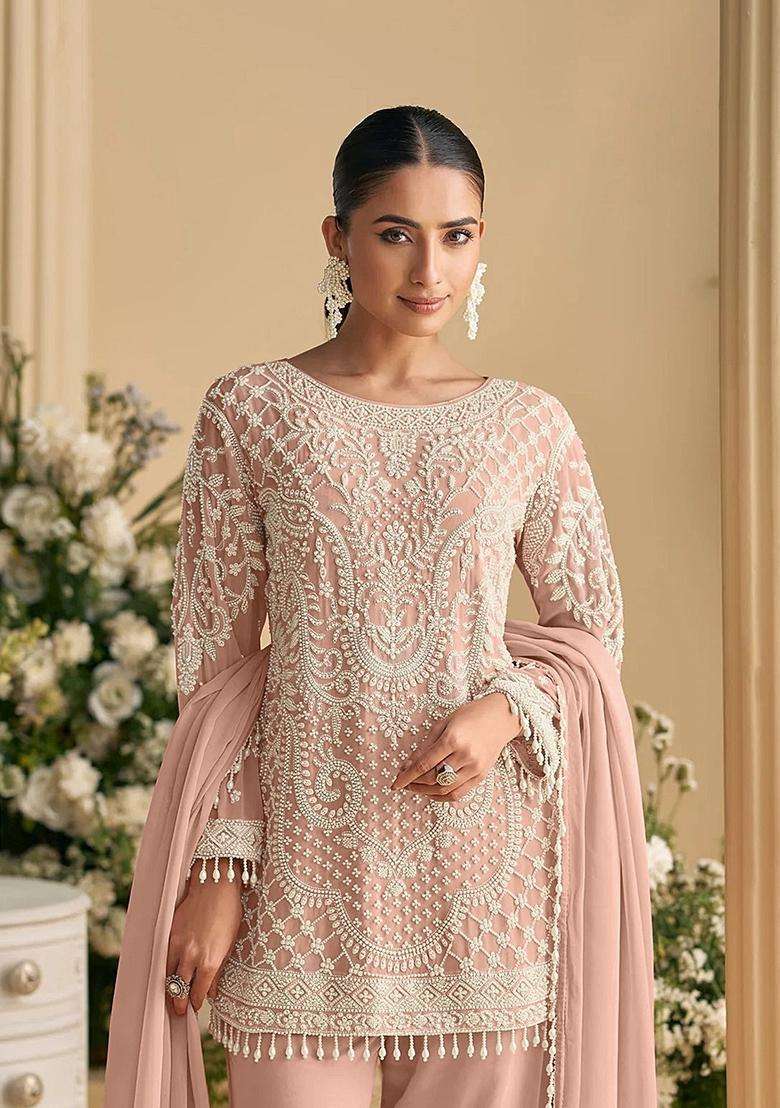 Pink Embroidered Georgette Pakistani Suit Set - Indya