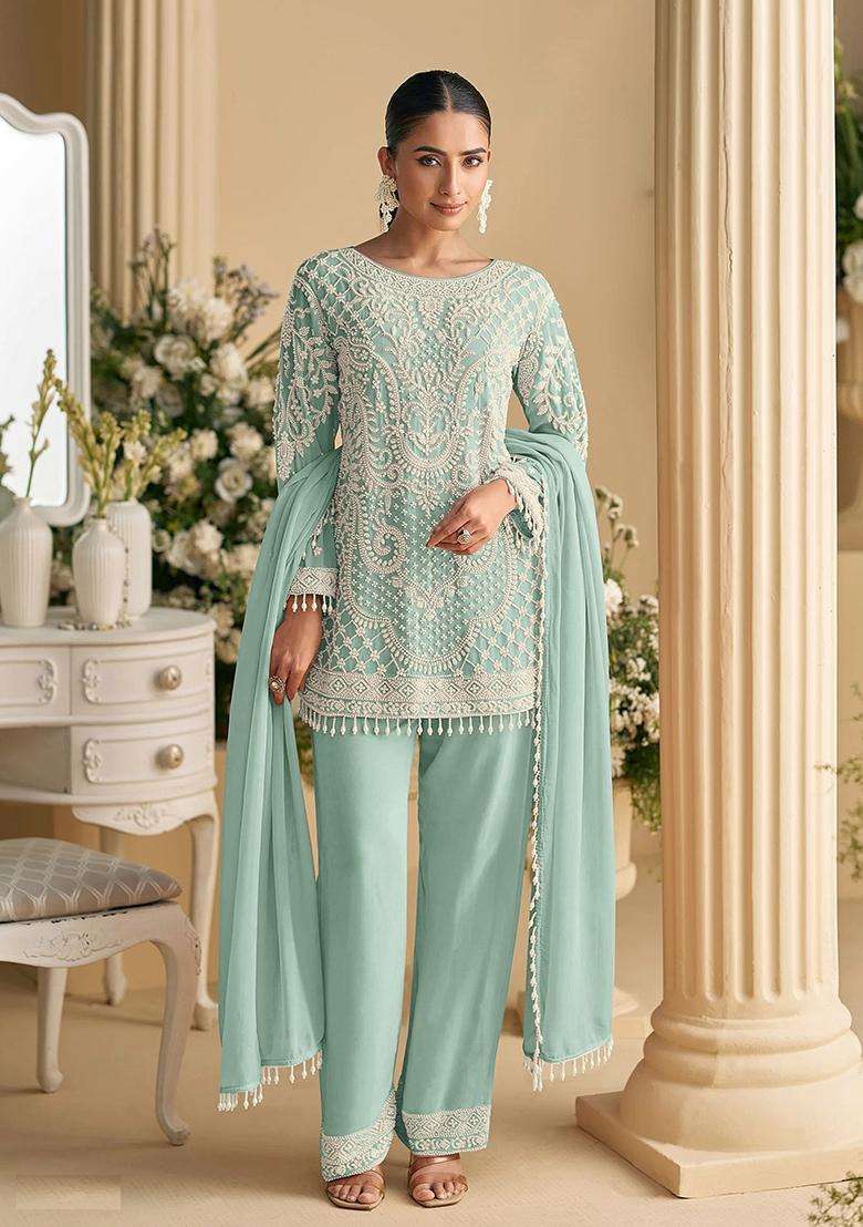 Green Embroidered Georgette Pakistani Suit Set - Indya