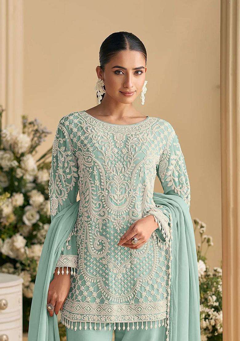 Green Embroidered Georgette Pakistani Suit Set - Indya