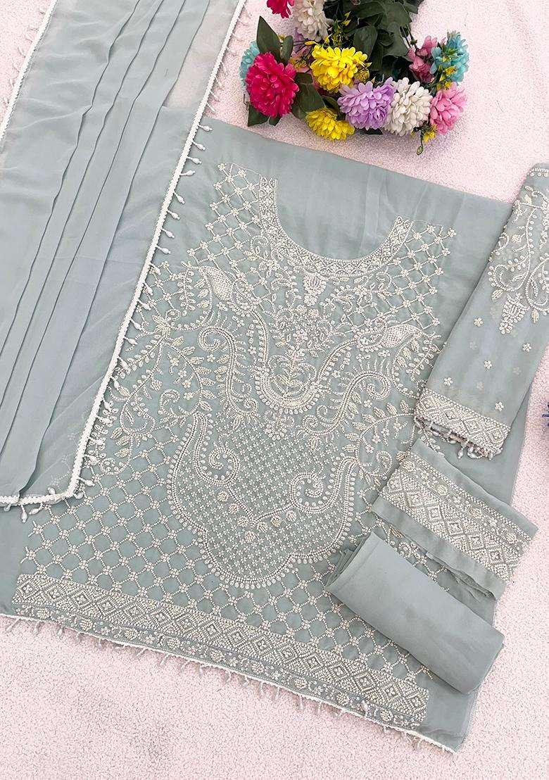 Green Embroidered Georgette Pakistani Suit Set - Indya