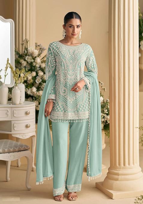 Green Zari Work Georgette Kurta Set