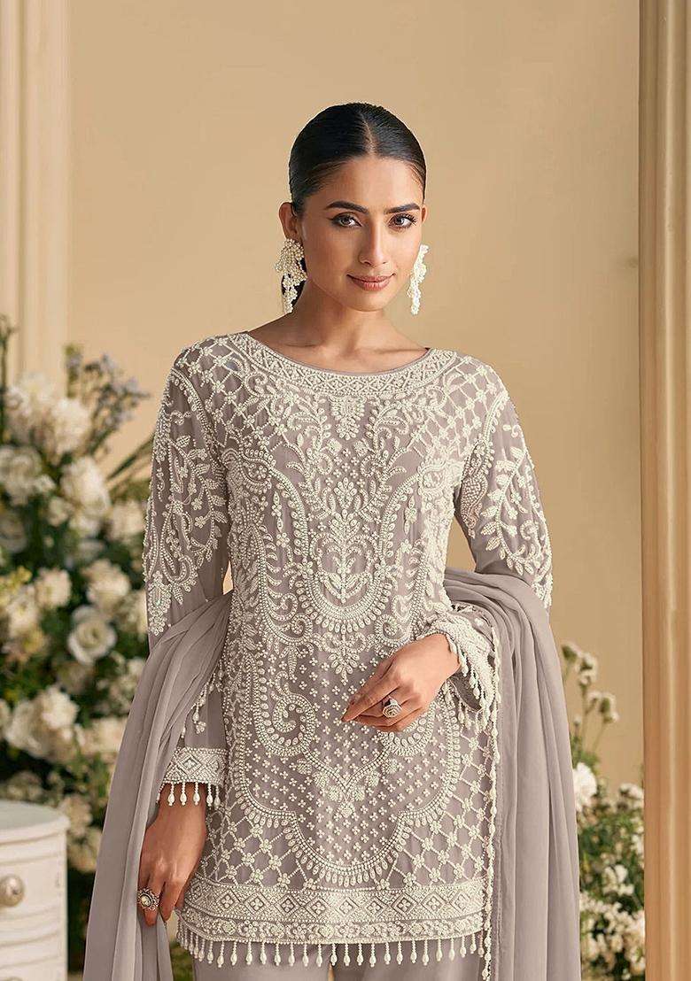 Grey Embroidered Georgette Pakistani Suit Set - Indya