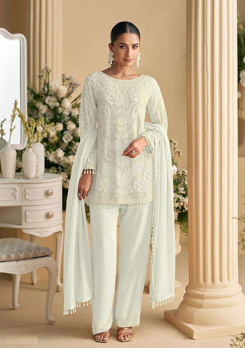 White Chikankari Georgette Pakistani Suit Set - Indya