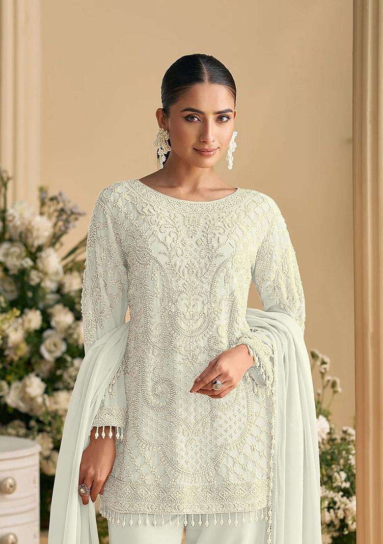 White Chikankari Georgette Pakistani Suit Set - Indya