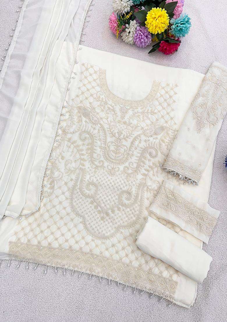 White Chikankari Georgette Pakistani Suit Set - Indya