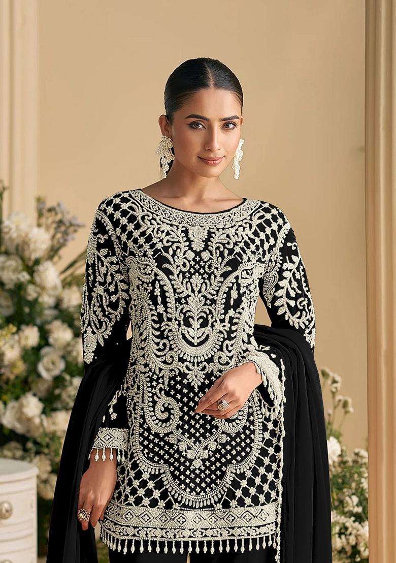 Black Embroidered Georgette Pakistani Suit Set - Indya