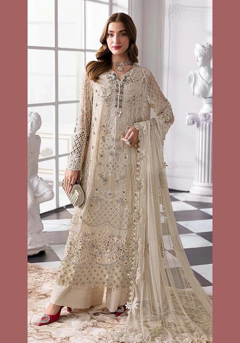 Cream Zari Work Georgette Kurta Set